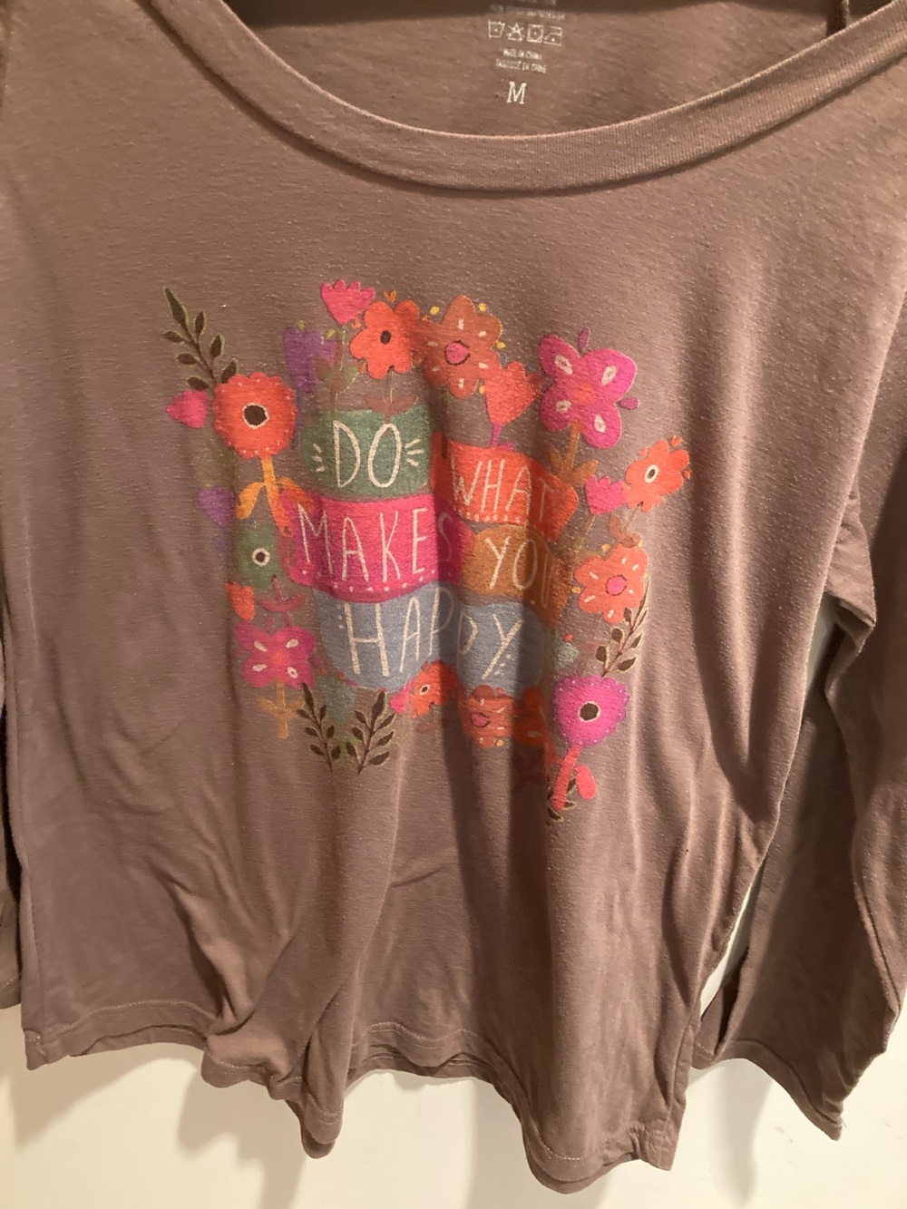 NATURAL LIFE Taupe Long-Sleeve Graphic Tee with Pink & Orange Floral Art